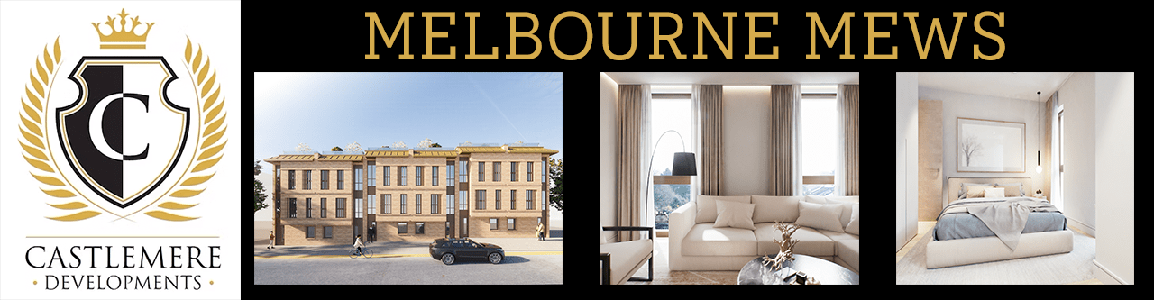 Castlemere Developments Vision House Hero. Image is in portrait with the name Vision House in gold lettering on a black background at the top centre. Below the title there are 3 images of Vision House. On the left an outside image of the apartment block from the road. The middle image showing the reception area and the right hand image depicting the internals of an apartment with furniture.